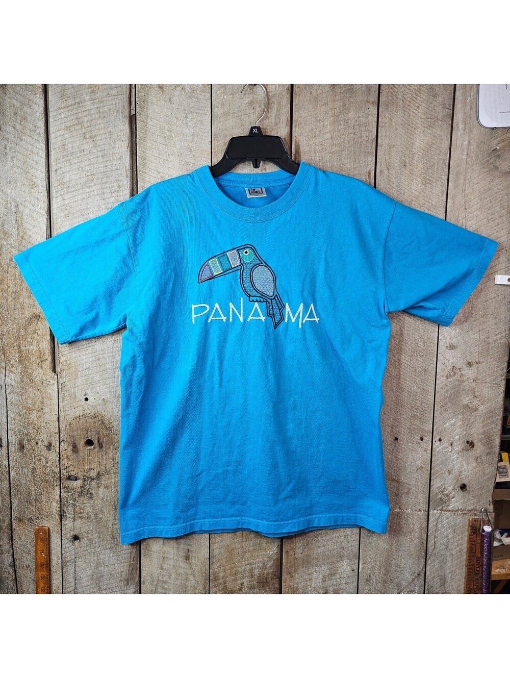 Panama Souvenir T-Shirt XL Blue Embroidered Toucan Travel Memorabilia